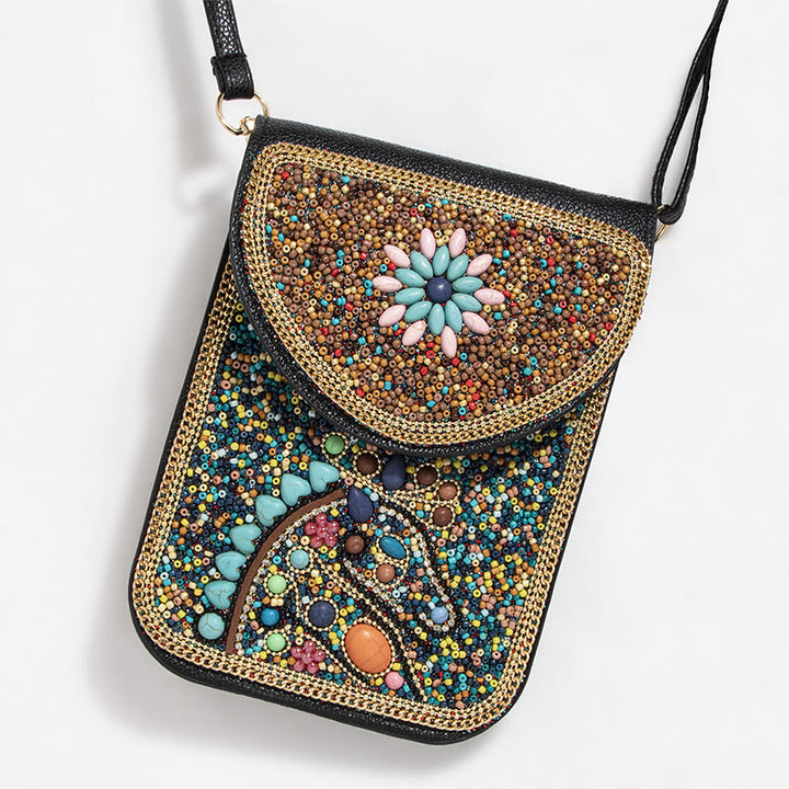Bohemian Handytasche Damen Muschel Blumen Muster Magnetische Umhängetasche