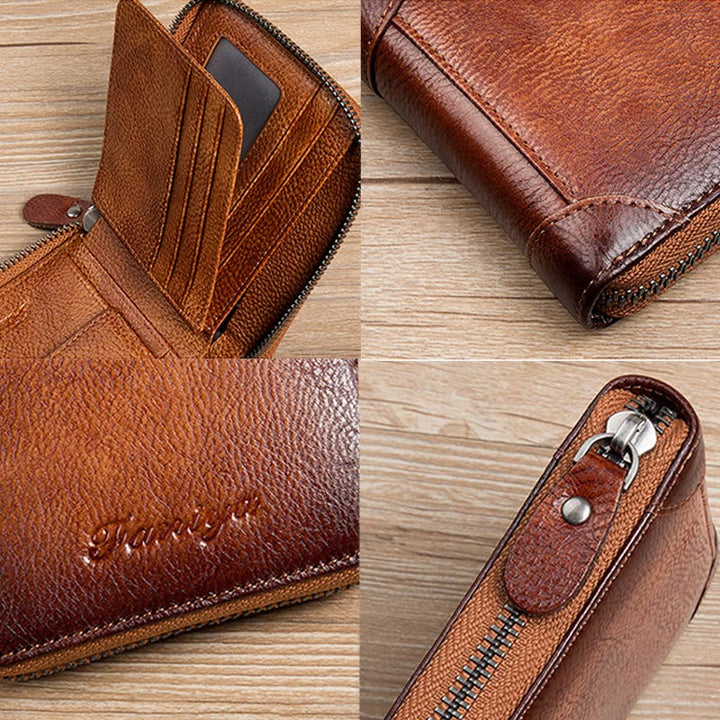 RFID-Diebstahlschutz Vintage-Geldbörse aus echtem Leder mit Reißverschluss