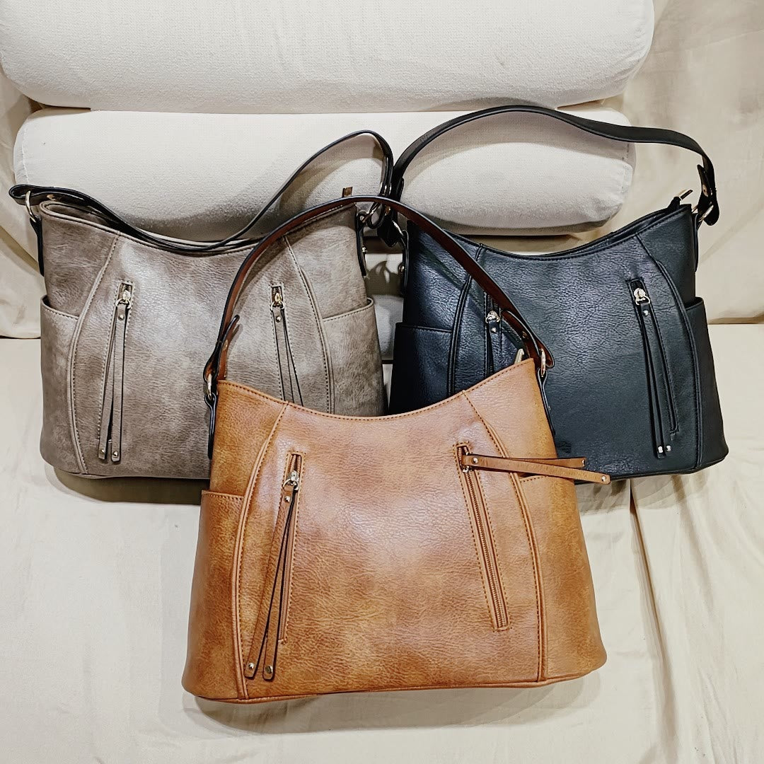 Elegante Umhängetasche für Damen mit Doppelreißverschluss und Quaste aus Leder