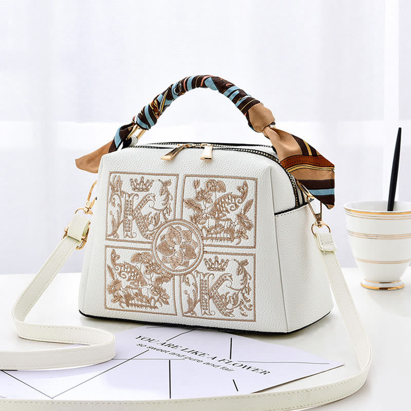 Top-Griff-Tasche für Damen, bestickte tragbare Umhängetasche aus Leder