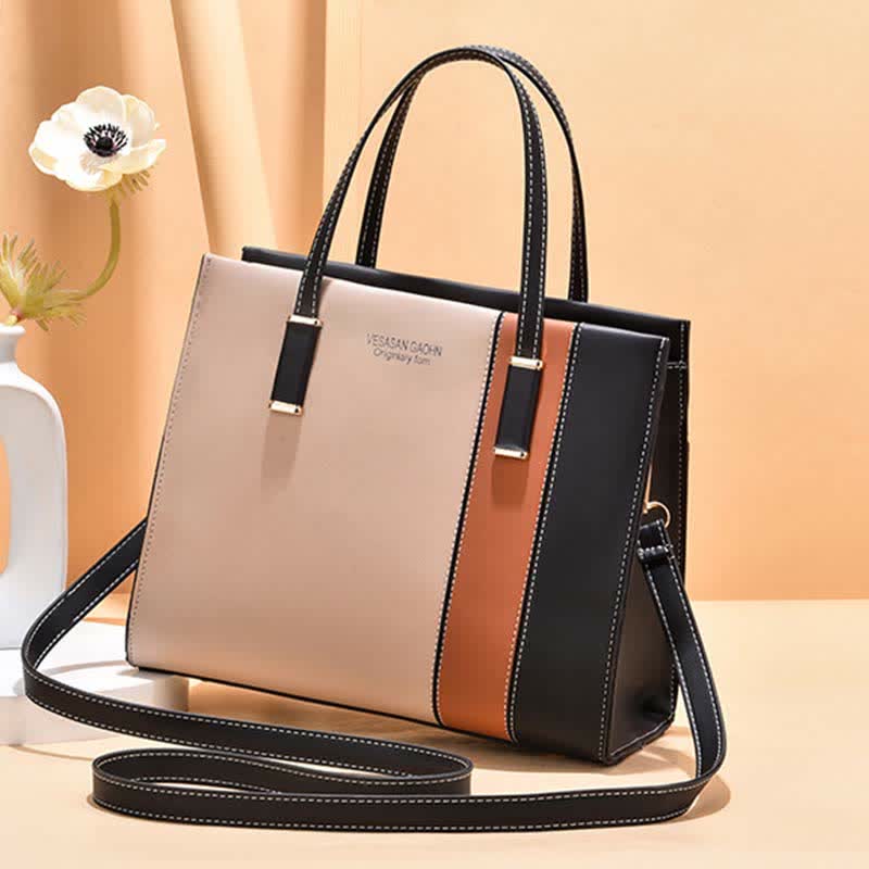 Damen Handtasche aus Leder mit Henkel, modisch, mit Farbblock-Muster, Umhängetasche