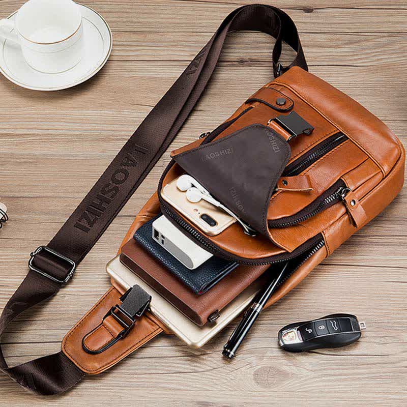 Schultertasche aus echtem Leder, lässiger Outdoor-Schulterrucksack, Brust-Tagesrucksack