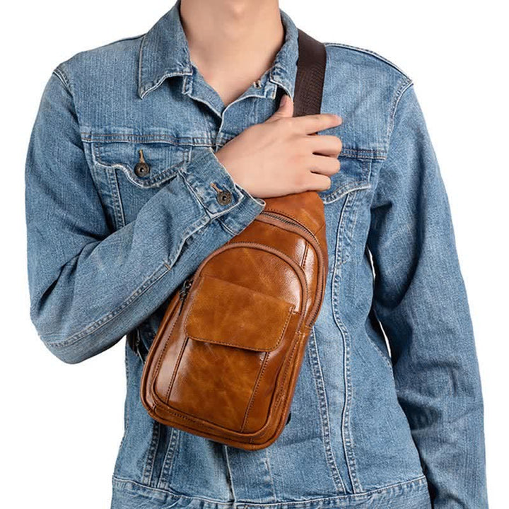 Sling-Rucksack aus echtem Leder, Retro, Mehrzweck-Umhängetasche, Schultertasche, Brusttasche