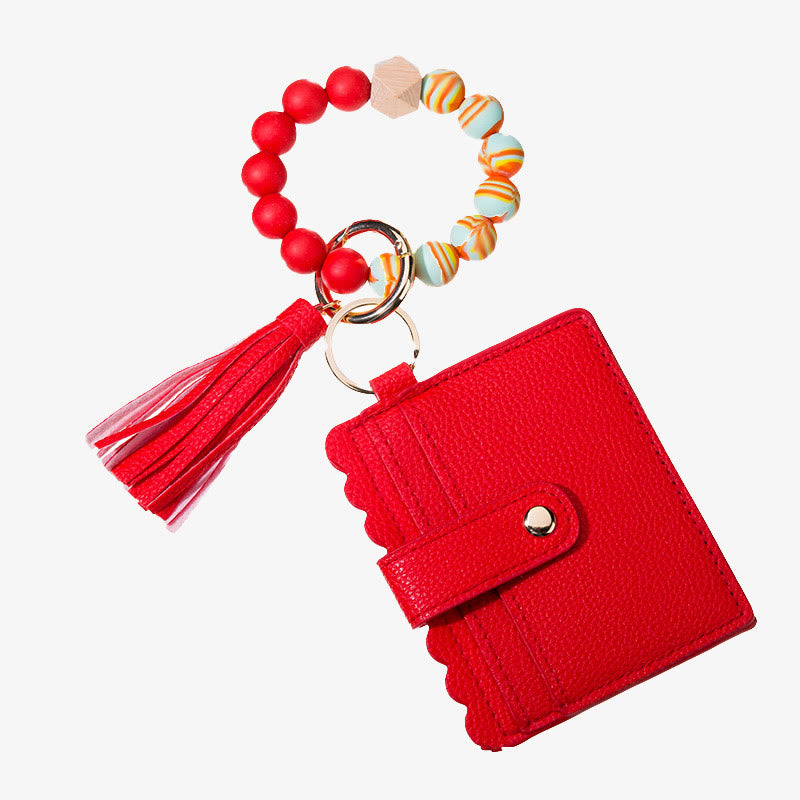 Leder-Kartenhalter für Damen, Silikonperlen-Armband mit Anhänger