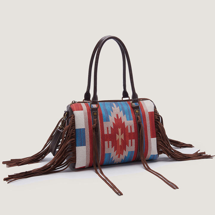 Vintage Handgewebte Boho Tote Tasche mit Quaste und Henkel und Umhängegurt