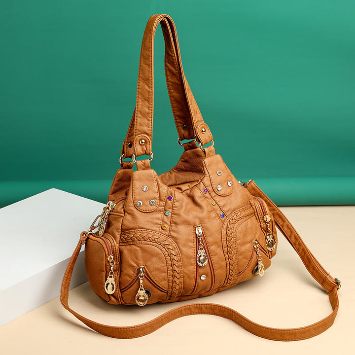 Umhängetasche mit mehreren Taschen für Damen, bunt, groß, Leder, Umhängetasche