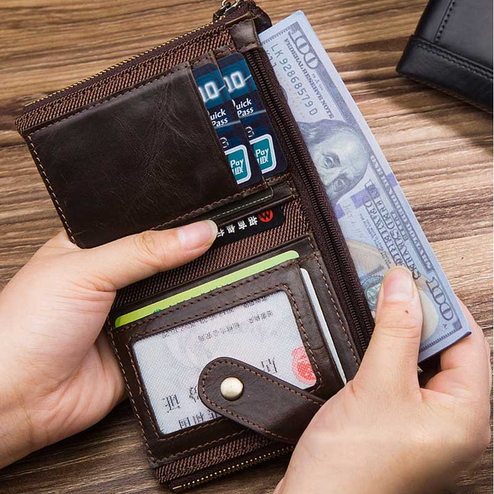 RFID-blockierende Retro-Geldbörse aus echtem Leder mit Doppelreißverschluss