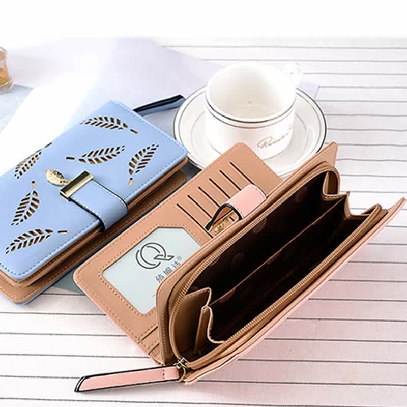 Große Ledergeldbörse für Damen, ausgehöhlt, lang, Clutch