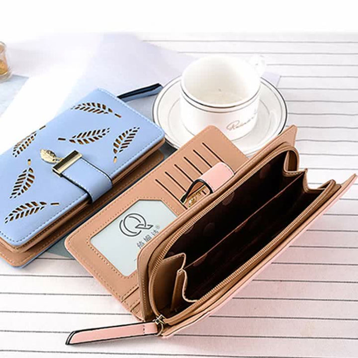 Große Ledergeldbörse für Damen, ausgehöhlt, lang, Clutch