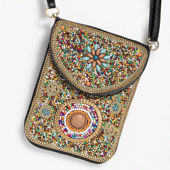 Bohemian Handytasche Damen Muschel Blumen Muster Magnetische Umhängetasche