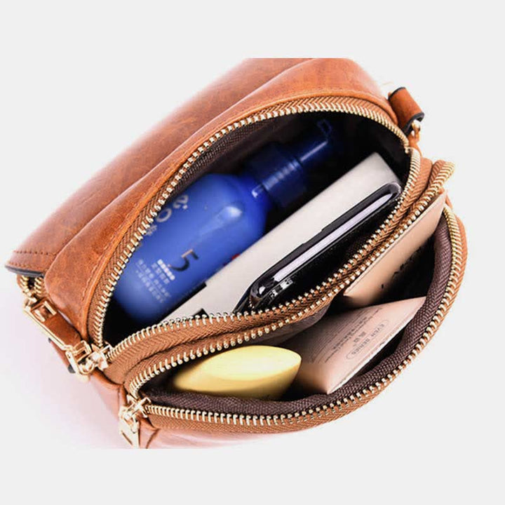 Kleine Umhängetasche aus Leder mit dreifachem Reißverschluss, Schultertasche für Damen
