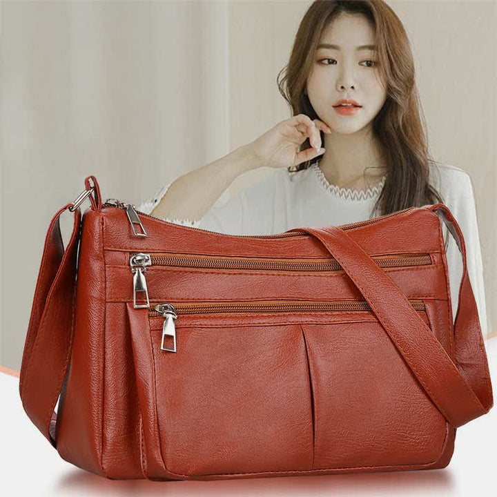 Umhängetasche mit 3 Reißverschlüssen für Damen, leichte, wasserdichte Schultertasche aus Leder