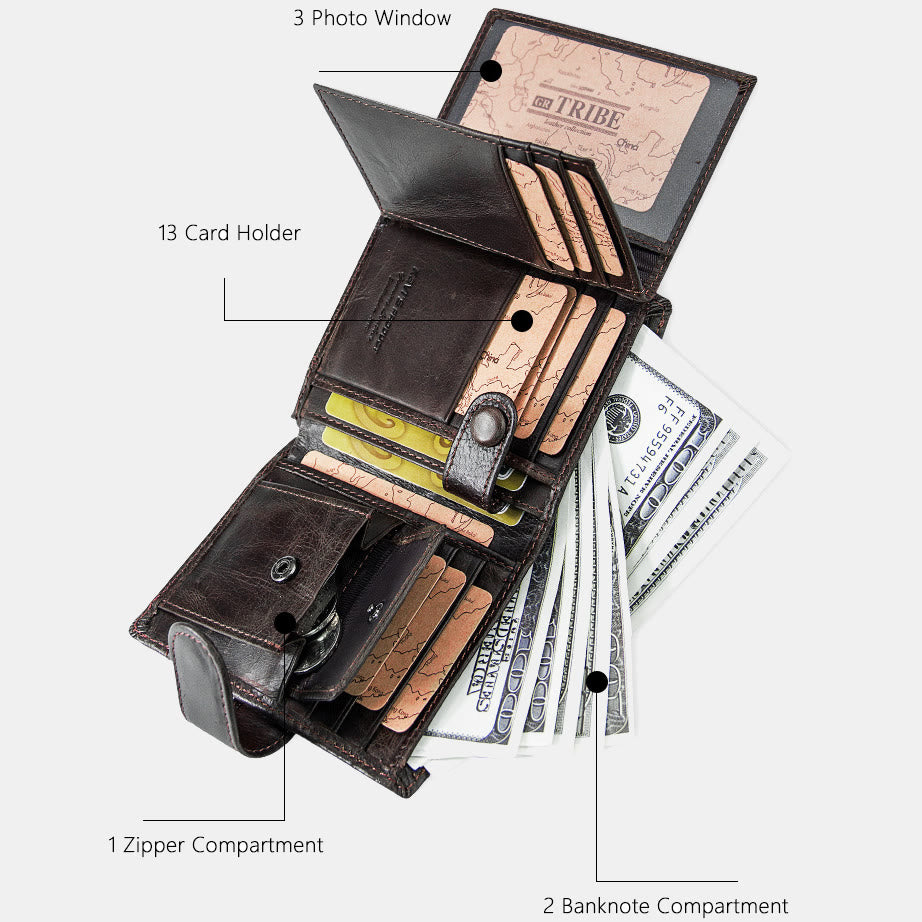 Retro Splicing Lange Schlanke Geldbörse Echtes Leder Dreifach gefaltete Brieftasche