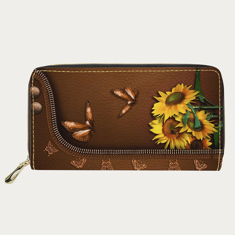 Damen-Geldbörse aus PU-Leder mit Schmetterlings- und Sonnenblumen-Muster, lange Geldbörse