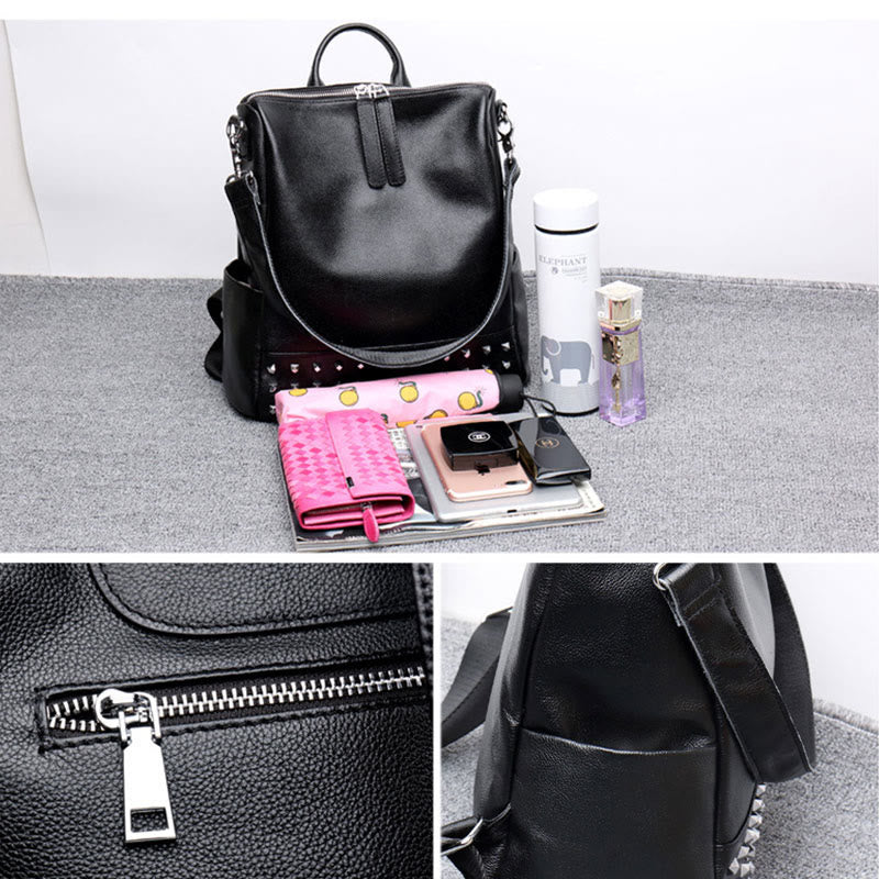 Modischer Rucksack aus echtem Leder mit doppeltem Schultergurt und geräumiger Tasche