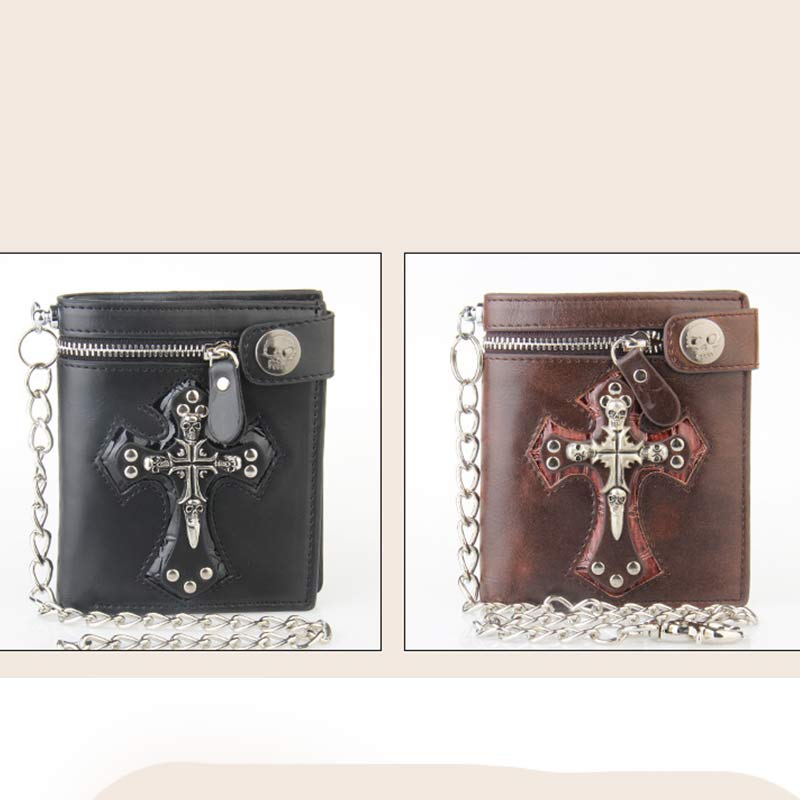 Herren-Geldbörse aus Leder mit Gothic-Totenkopf-Kreuz und langer Metallkette