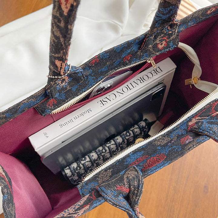 Einkaufstasche für Damen, einfache Retro-Handtasche mit großer Kapazität und Blumenmotiv