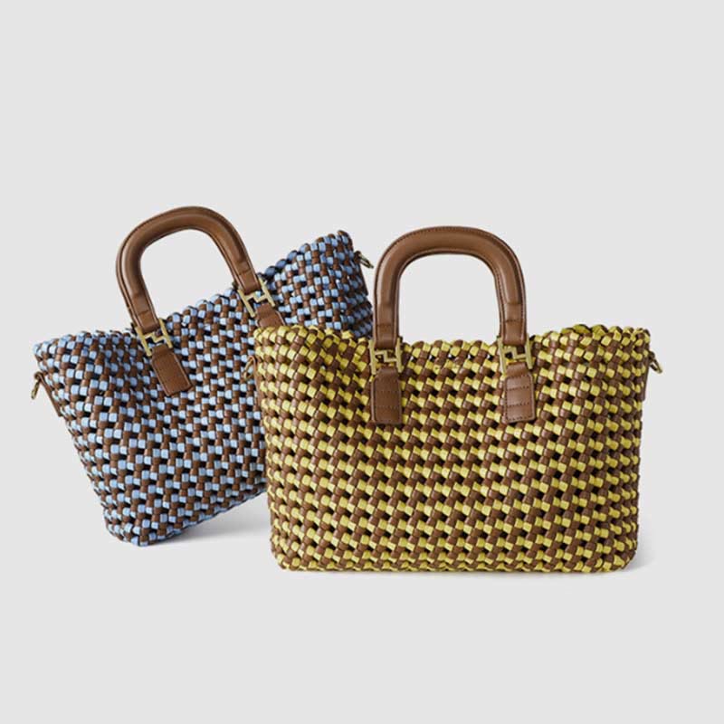 Handtasche für Damen, gewebte Umhängetasche aus Leder mit großem Fassungsvermögen