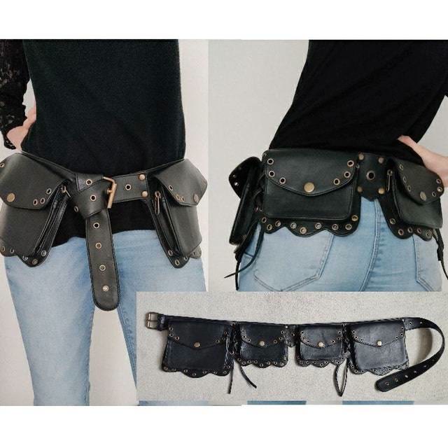 Gürteltasche für Damen, Vintage, mit genietetem Reißverschluss, verstellbarer Gürtel