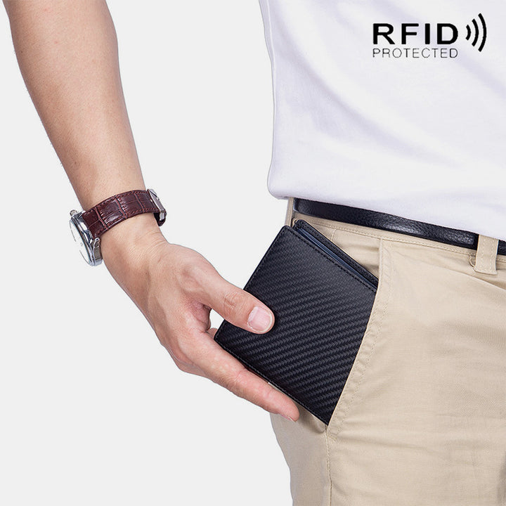 RFID Multi-Slot Prägung Echtes Leder Dreifach gefaltete Super Slim Kurze Brieftasche