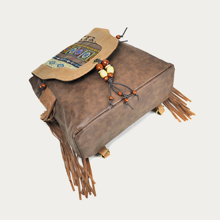 Rucksack für Damen im ethnischen Stil mit Druck und Quaste, Tagesrucksack aus Leder