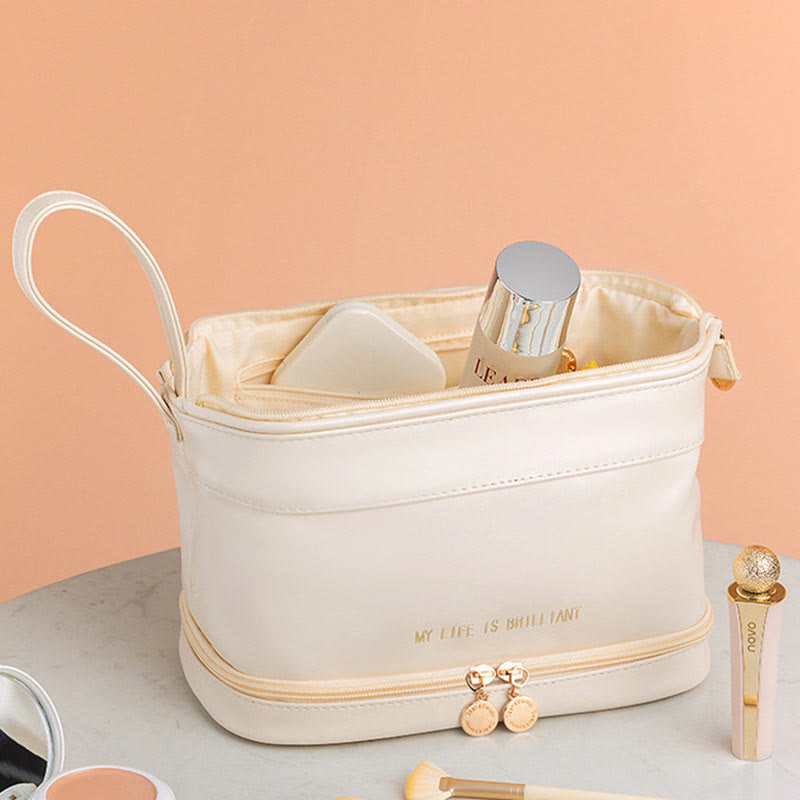 Make-up-Tasche für Damen, tragbare Reise-Kulturtasche aus Leder