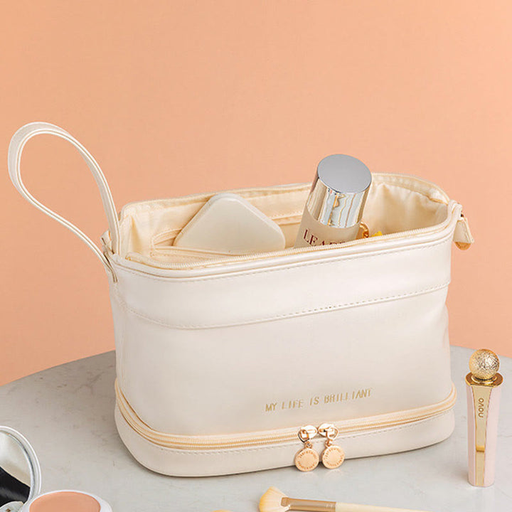 Make-up-Tasche für Damen, tragbare Reise-Kulturtasche aus Leder