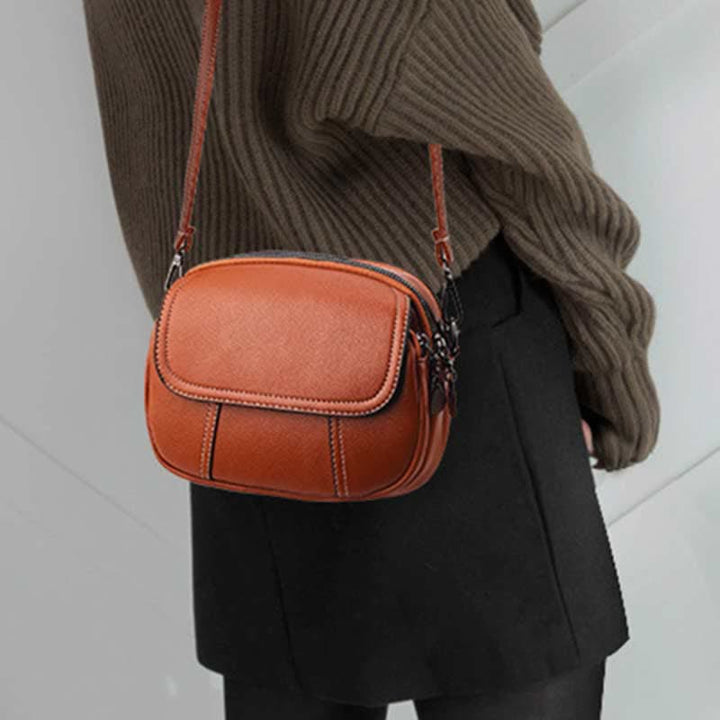 Kleine Umhängetasche mit dreifachem Reißverschluss, Leder, Handy-Geldbörse, Schultertasche