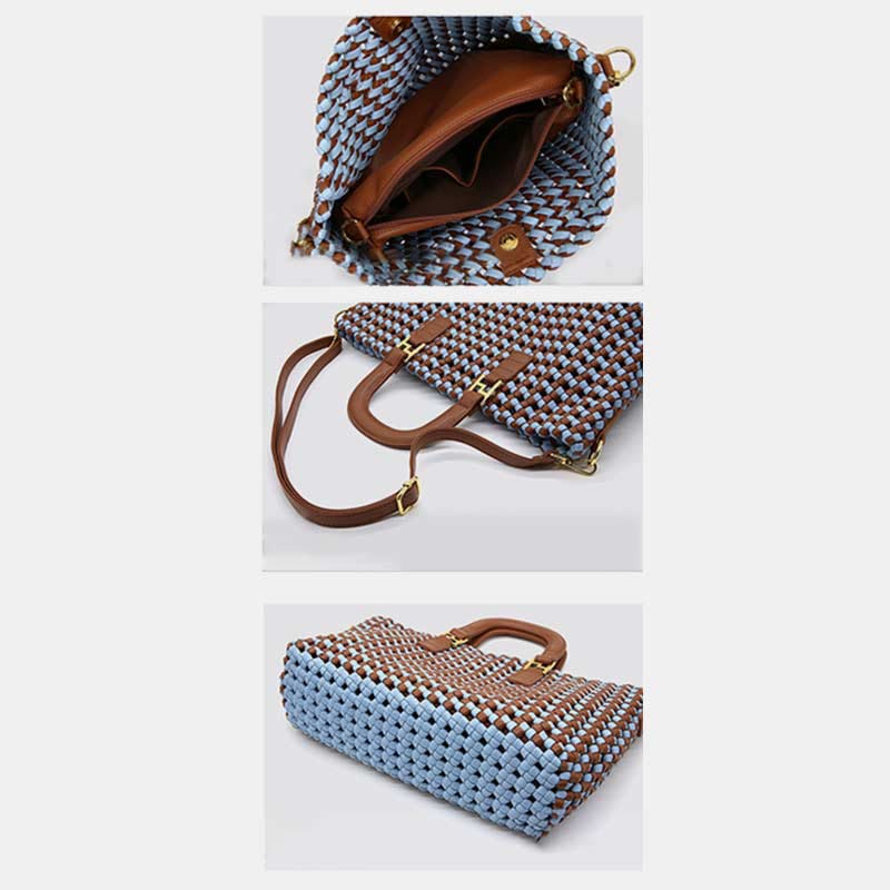 Handtasche für Damen, gewebte Umhängetasche aus Leder mit großem Fassungsvermögen