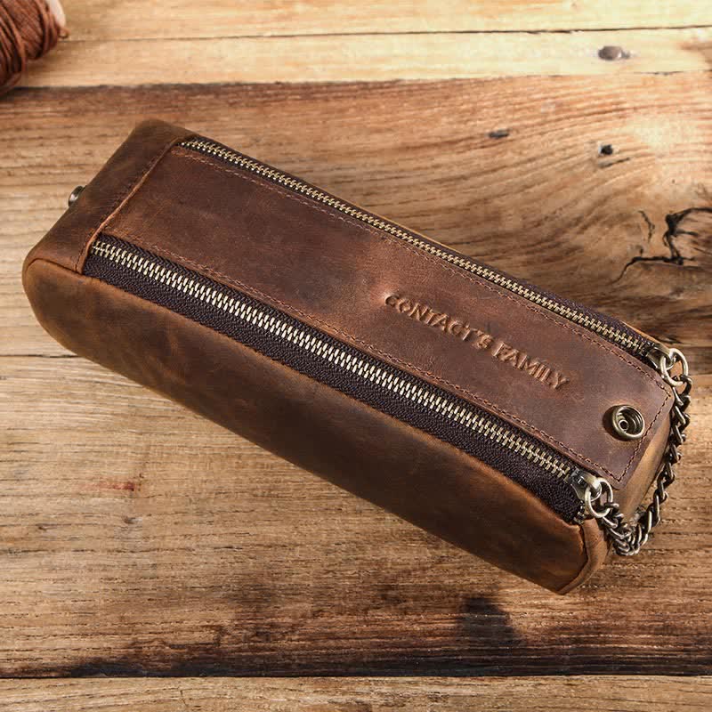 Retro-Make-up-Tasche aus echtem Leder, Mehrzweck-Reißverschluss, Federmäppchen
