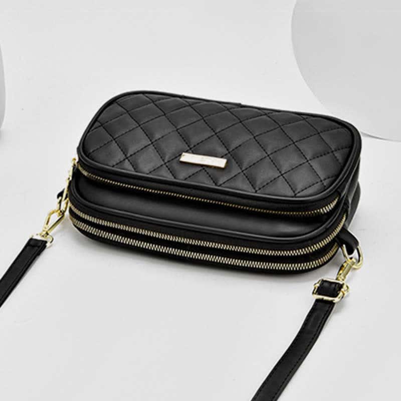 Umhängetasche mit drei Reißverschlüssen, gestepptes Leder, Schultertasche für Damen