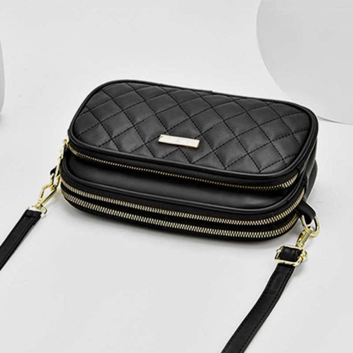 Umhängetasche mit drei Reißverschlüssen, gestepptes Leder, Schultertasche für Damen