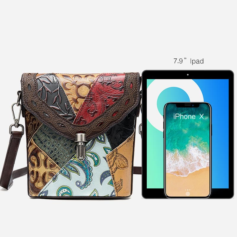 Handytasche für Damen, Vintage, Folk-Custom, Umhängetasche aus Rindsleder