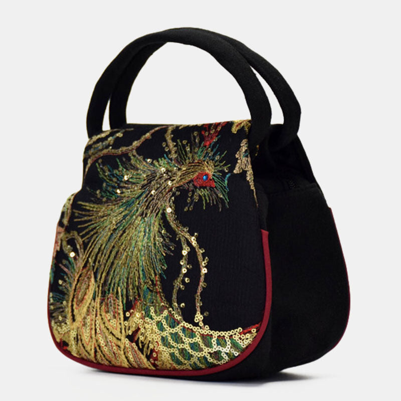 Handtasche aus Segeltuch mit Phönix-Stickerei und Pailletten im Ethno-Stil