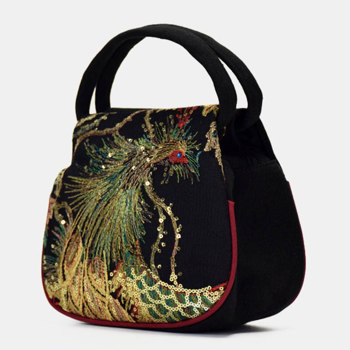 Handtasche aus Segeltuch mit Phönix-Stickerei und Pailletten im Ethno-Stil