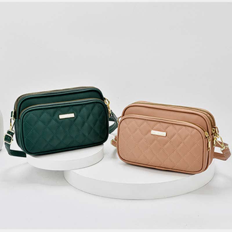 Umhängetasche mit drei Reißverschlüssen, gestepptes Leder, Schultertasche für Damen