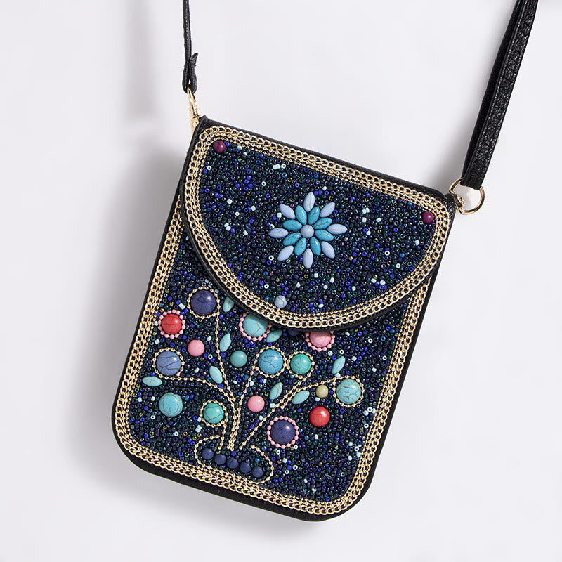 Bohemian Handytasche Damen Muschel Blumen Muster Magnetische Umhängetasche