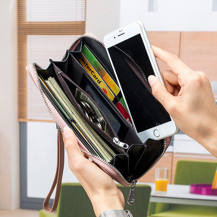 sportliche Lange Brieftasche mit RFID-Schutz, geräumige Leder-Telefonbörse für Damen