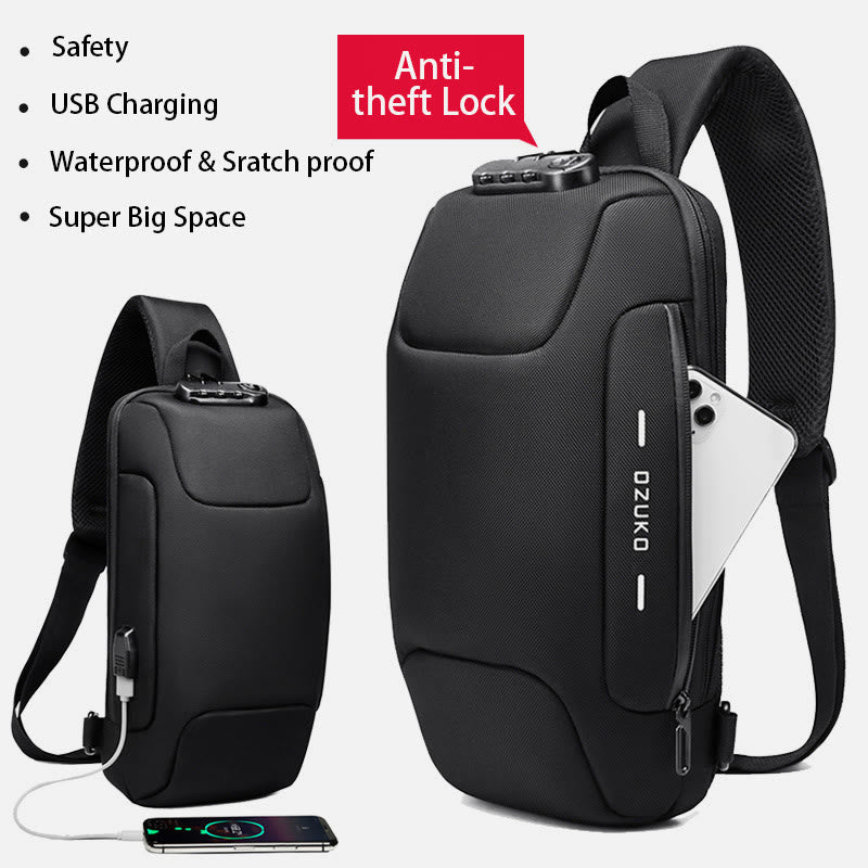 Modische Schultertasche mit mehreren Taschen, Brusttasche mit Passschloss und USB-Ladeanschluss