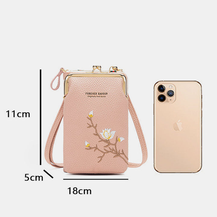 Elegante Umhängetasche fürs Handy mit mehreren Fächern und Blumenstickerei