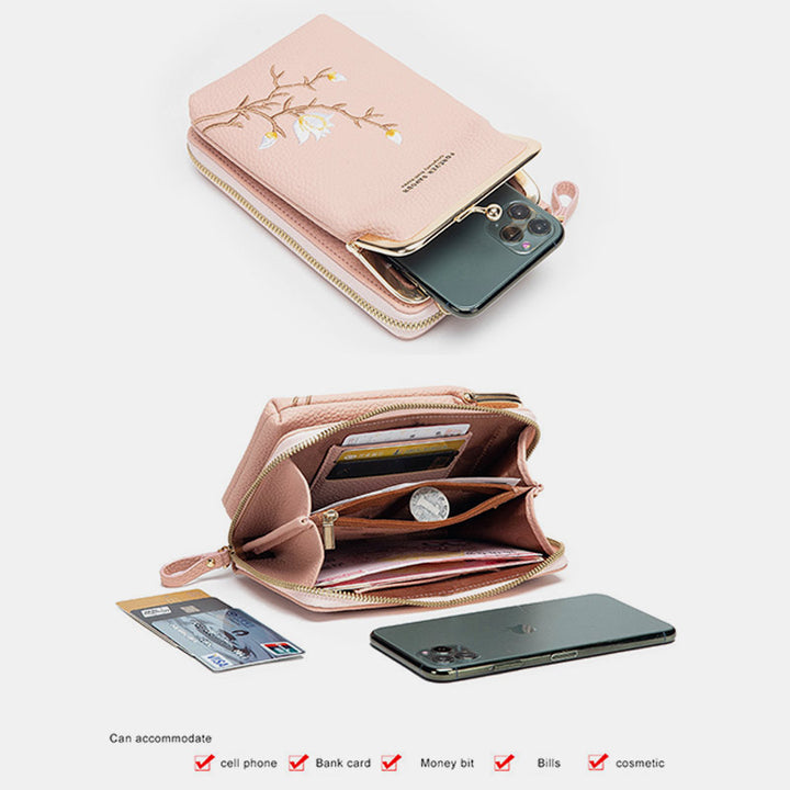 Elegante Umhängetasche fürs Handy mit mehreren Fächern und Blumenstickerei