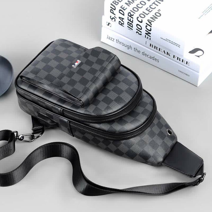 Lässiger Tagesrucksack aus Leder, Schultertasche, Brusttasche mit USB-Ladeanschluss