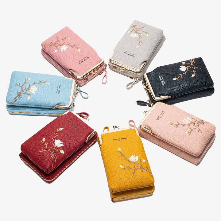 Elegante bestickte Handytasche Damen Mini Crossbody Leder Geldbörse
