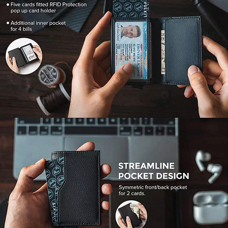 Handgefertigter Pop-Up-Kartenhalter aus echtem Leder mit RFID-Blockierung