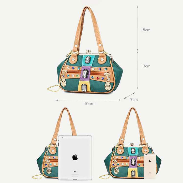 Retro Doppellagige Kiss-Lock Schulterhandtasche Party Abendtasche mit Umhängekette