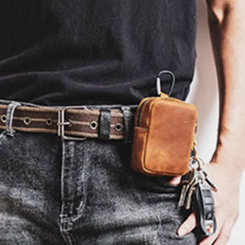 Münzgeldbörse aus echtem Leder mit Reißverschluss für Damen und Herren mit Gürtelschlaufe
