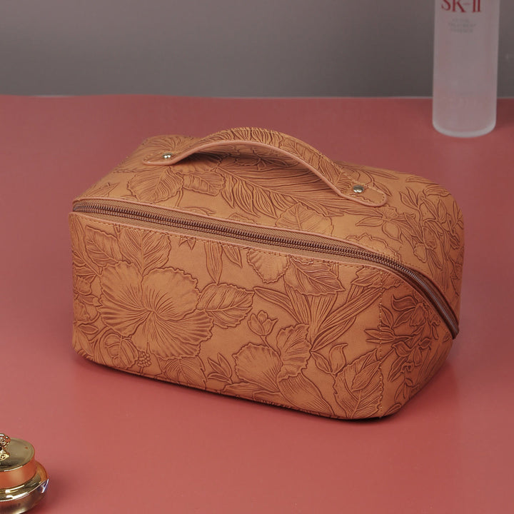 Kosmetiktasche für Damen, Reisetasche aus PU-Leder mit Vintage-Druck