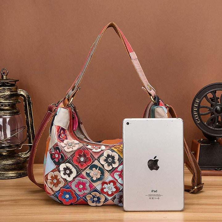 Mehrfarbige Boston-Tasche aus echtem Leder mit Blumenmuster, Hobo-Tragetasche, Umhängetasche