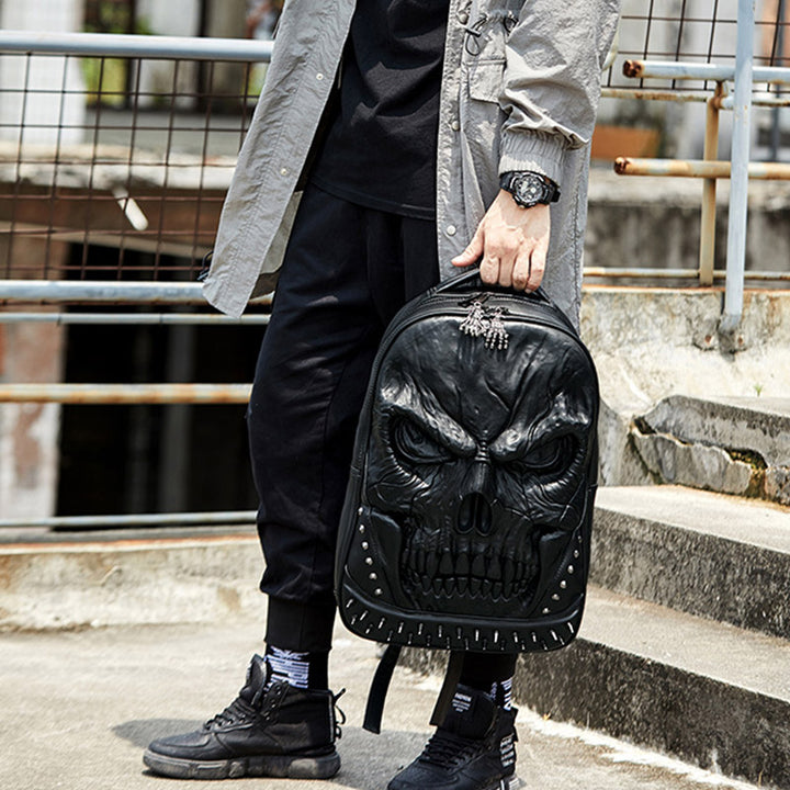 3D Totenkopf Punk Nieten Leder Rucksack Wasserdicht Geprägte Geister Kopf Knapsack