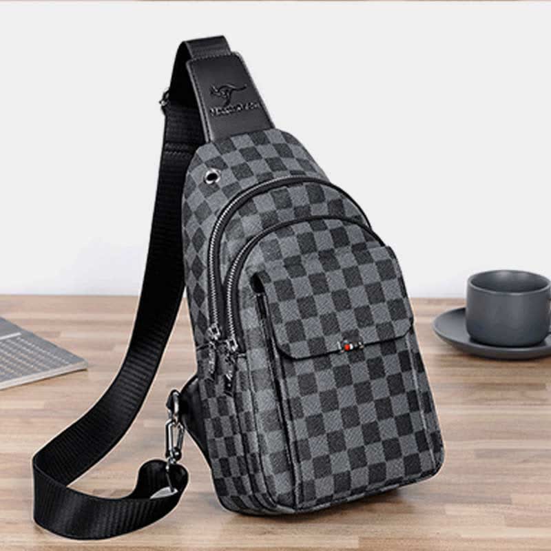 Mehrzweck-Schultertasche aus lässigem, kariertem Leder für Herren, Umhängetasche, Schulterrucksack